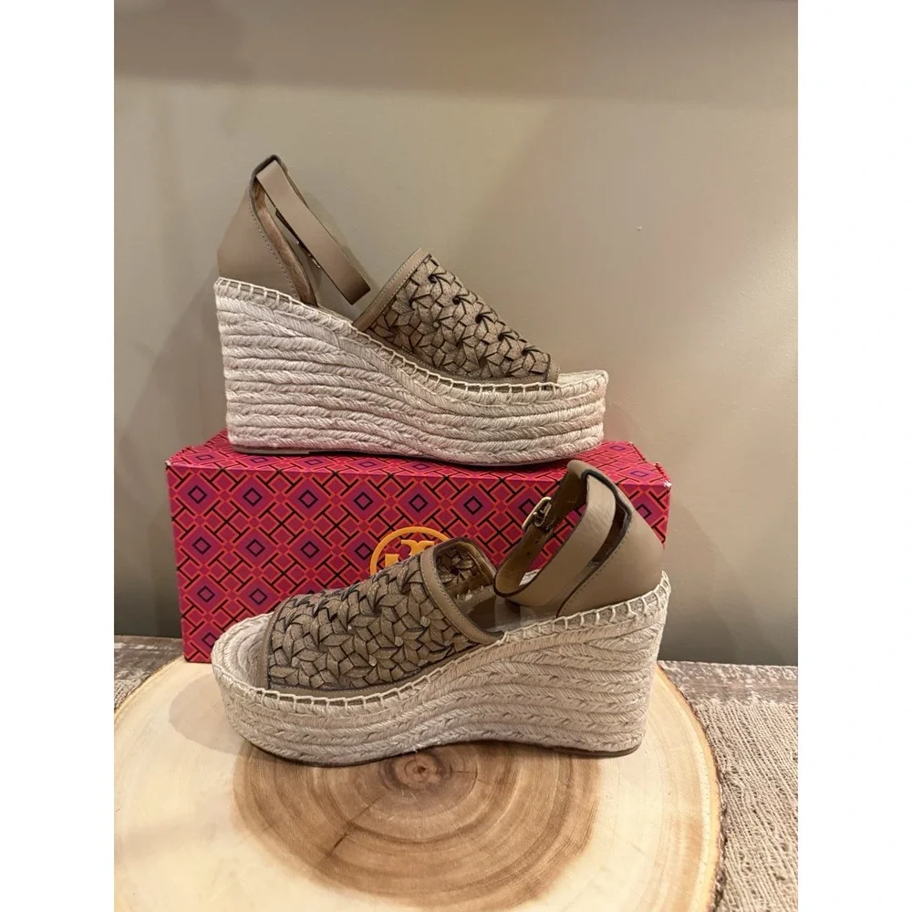 Tory Burch Basketweave‎ Espadrille Wedge Platform Sandal Sz-8 Almond Flour $348